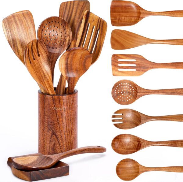 9-Piece Natural Teak Wooden Kitchen Utensil Set with Spoon Rest & Holder