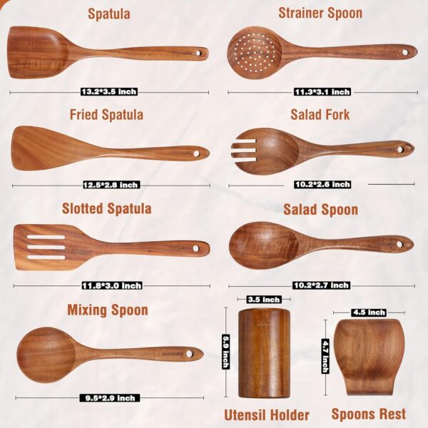 9-Piece Natural Teak Wooden Kitchen Utensil Set with Spoon Rest & Holder - Image 2
