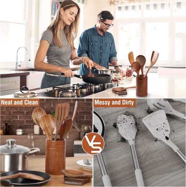 9-Piece Natural Teak Wooden Kitchen Utensil Set with Spoon Rest & Holder - Image 4