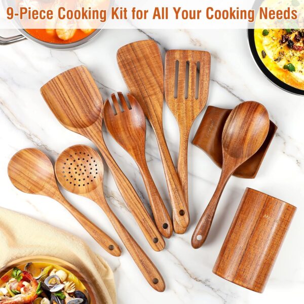 9-Piece Natural Teak Wooden Kitchen Utensil Set with Spoon Rest & Holder - Image 5