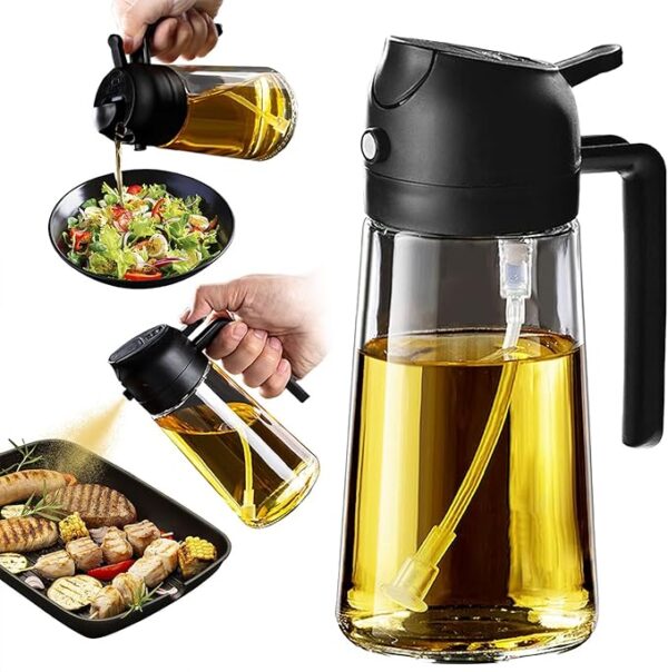 16oz Glass Olive Oil Sprayer for Cooking – 2-in-1 Dispenser for Air Fryer, Salad, BBQ & More