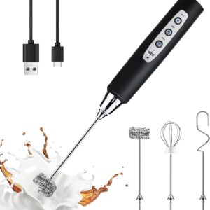 Black Rechargeable Handheld Milk Frother – 3-Speed Electric Whisk with 3 Attachments