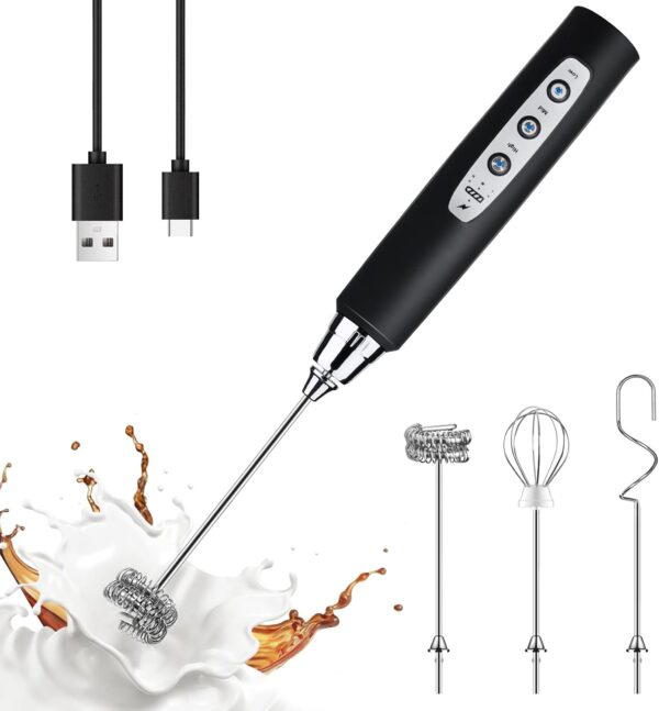 Black Rechargeable Handheld Milk Frother – 3-Speed Electric Whisk with 3 Attachments