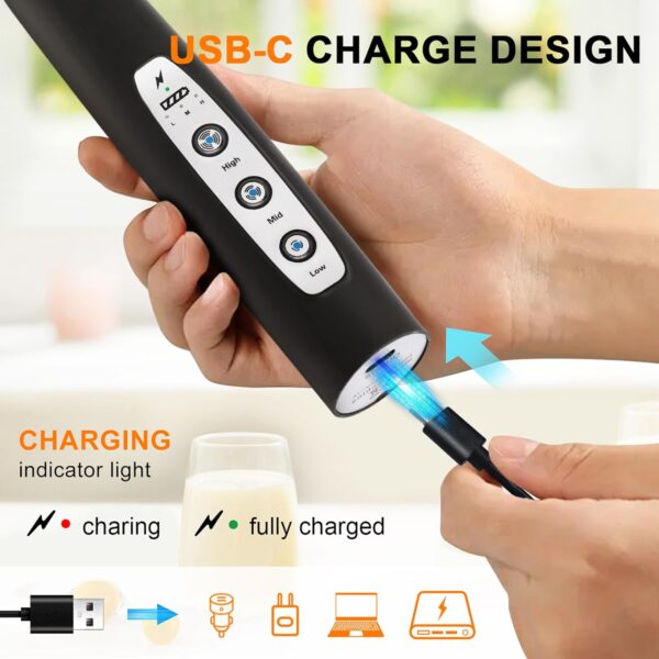 Black Rechargeable Handheld Milk Frother – 3-Speed Electric Whisk with 3 Attachments - Image 2