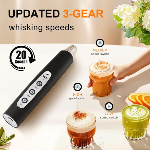 Black Rechargeable Handheld Milk Frother – 3-Speed Electric Whisk with 3 Attachments - Image 3