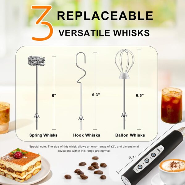 Black Rechargeable Handheld Milk Frother – 3-Speed Electric Whisk with 3 Attachments - Image 5